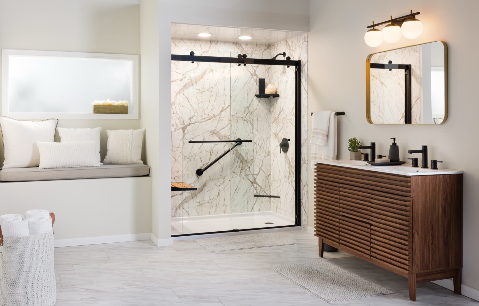 Bath Planet marble shower with matte black glass slider and walnut vanity